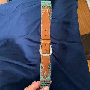 Leather and needlepoint belt